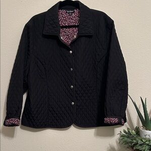 Tara Jones Black Quilted Snap Down Jacket with Pink and White Patterned Lining